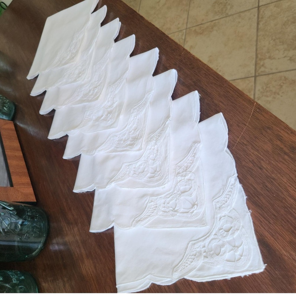 Battenburg Lace White Cotton Napkins (8) **see description